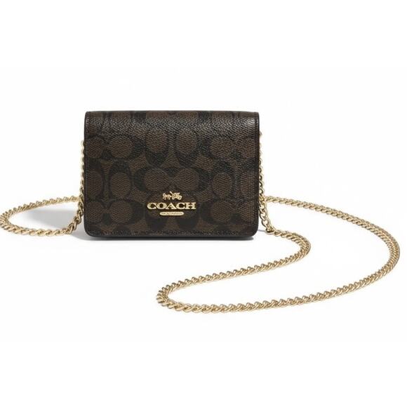 Coach Mini Wallet On A Chain In Signature Canvas | Brown Black Gold — EUC - Picture 1 of 5